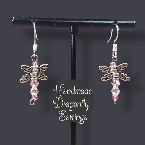 Silver-Toned Dragonfly Dangle Earrings with Pink Crystal Beads - Picture 1 of 11